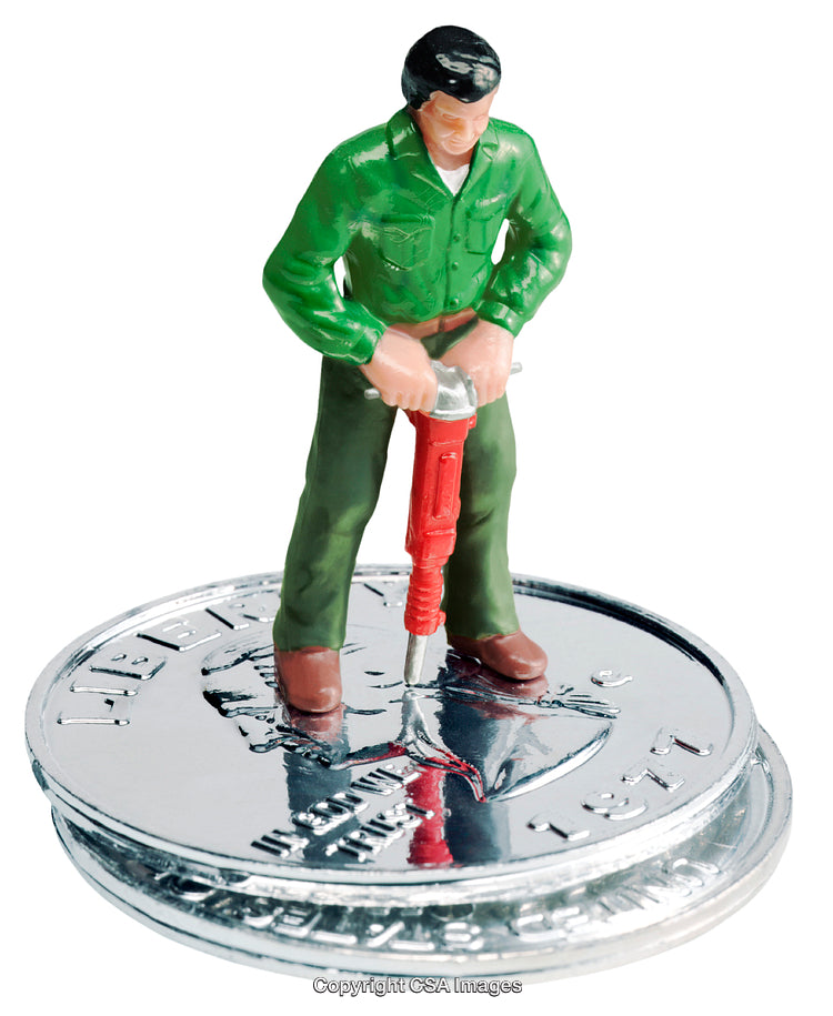 Plastic Figurine Mining a Coin with a Jackhammer Depiction