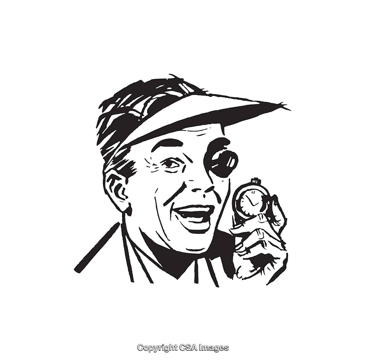 Vintage Black and White Illustration of a Smiling Watchmaker