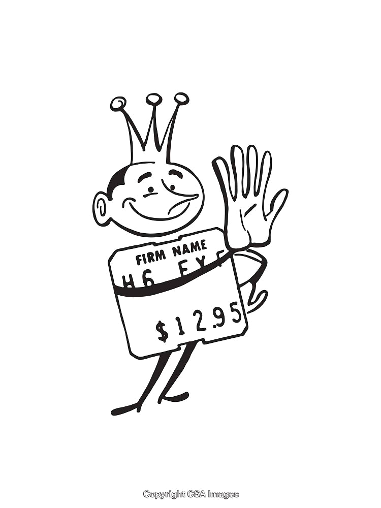 Retro Black and White Line Art Illustration of a Smiling Character with Crown