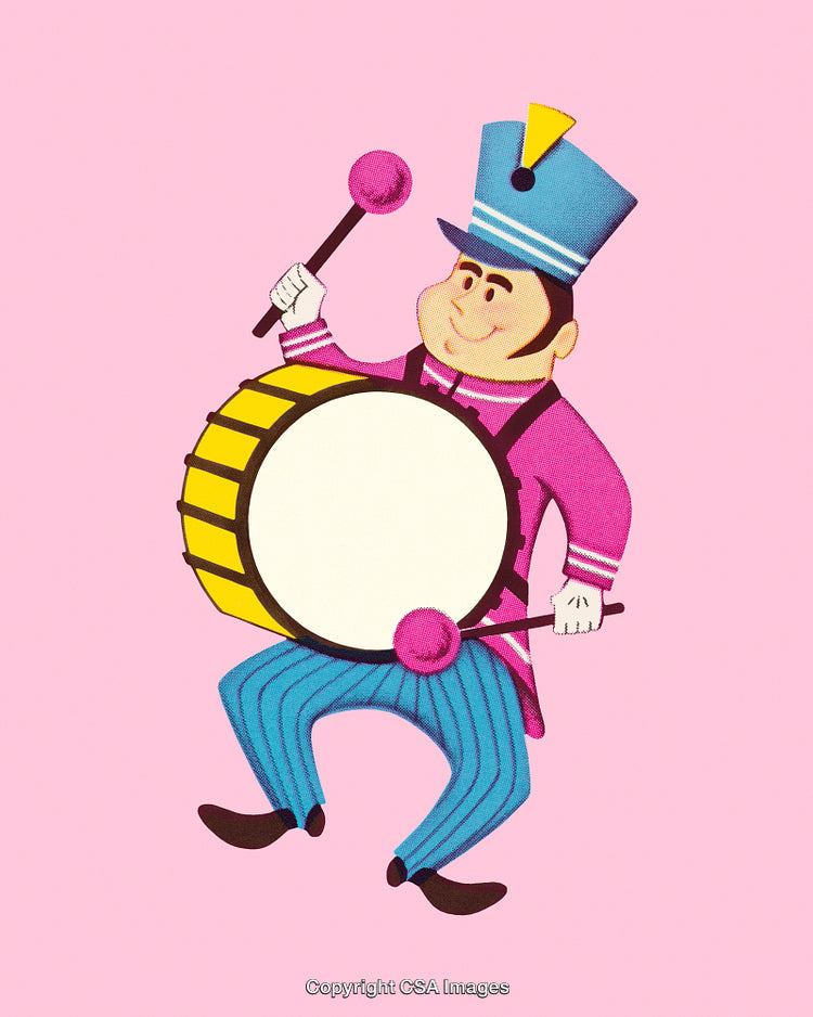 Colorful Marching Band Character Playing a Drum on a Pink Background