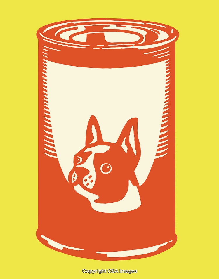 Illustrative Red Can with Dog Design on Bold Yellow Background