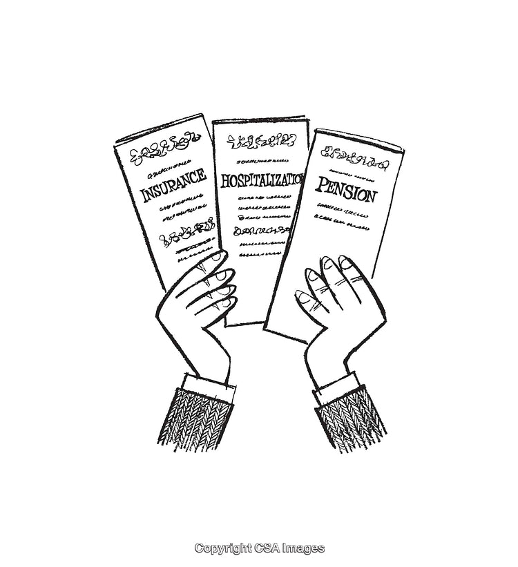 Black and White Line Art With Insurance, Hospitalization, and Pension Documents