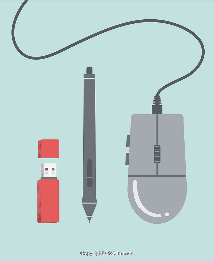 Digital Tools Including Stylus, Flash Drive, and Mouse on Light Background