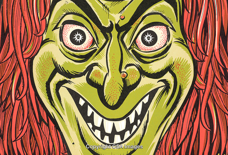 Colorful Vintage Illustration of a Witch with Mesmerizing Eyes and Green Skin