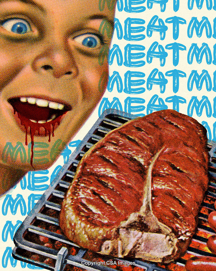 Surreal Artwork Featuring Meat Themes and Vintage Pop Art Elements