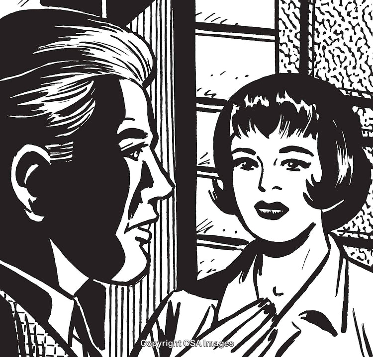 Retro Black and White Illustration of Man and Woman in Conversation