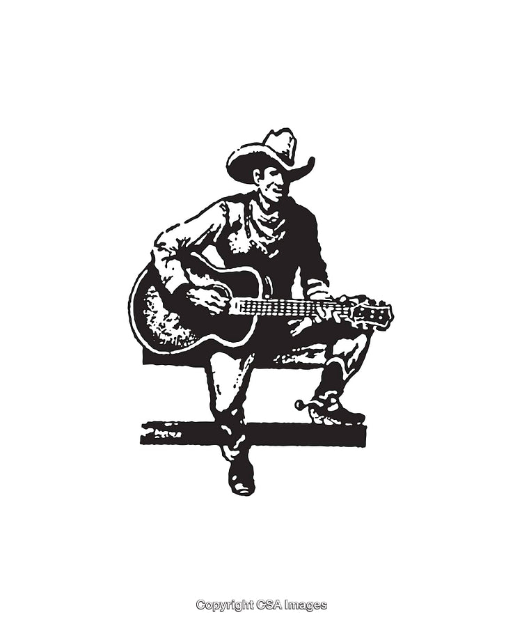 Black and White Line Art of Cowboy Playing Guitar on Fence