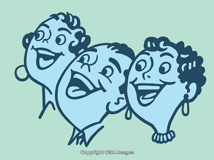 Blue Tone Line Art of Happy Faces Group Illustration