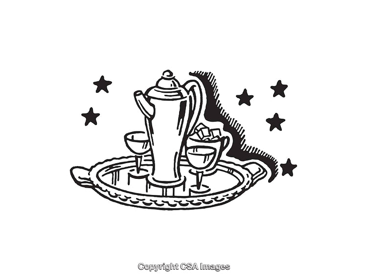 Elegant Line Art Featuring Teapot, Cups, Tray, and Stars