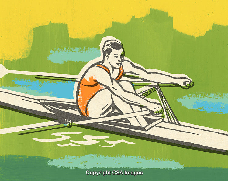Vintage Illustration of a Rowing Athlete in Action on Water