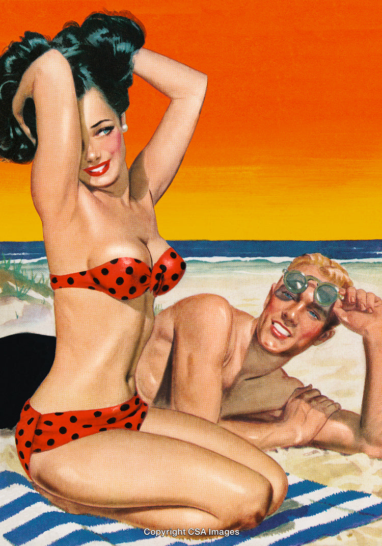 Retro Illustration of a Couple Relaxing on a Beach During Sunset
