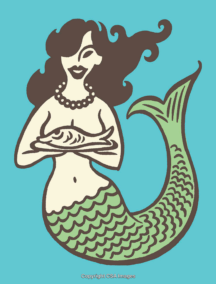 Detailed Mermaid Illustration Holding Fish on a Vibrant Background