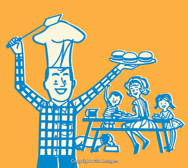 Chef Cooking for a Smiling Family Picnic Scene in Blue and Orange Art