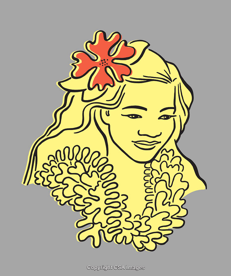 Color Line Illustration of a Woman with Lei and Hibiscus Flower