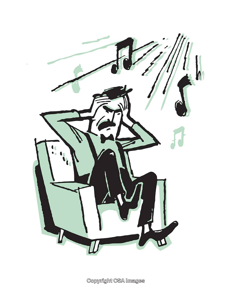 Frustrated Man in Chair Surrounded by Loud Music Notes