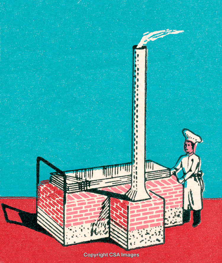 Illustration of Chef and Brick Oven in Minimalist Surreal Artwork Style
