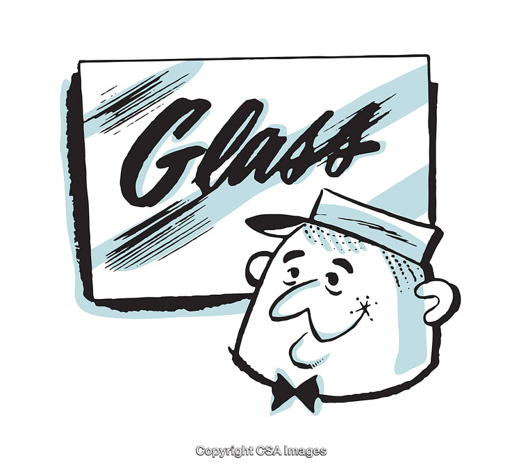 Vintage Black and White Illustration of a Man with Glass Sign