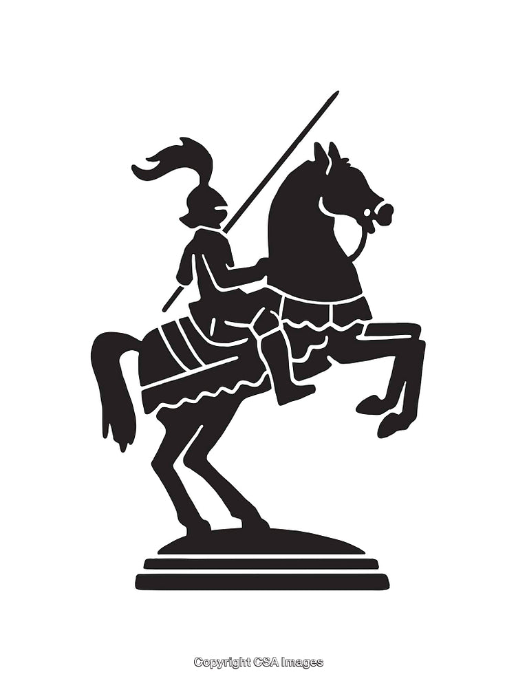Black and White Illustration of a Knight on a Horse with a Lance