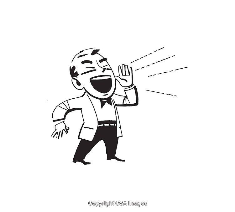 Retro Style Black and White Illustration of a Man Speaking Loudly