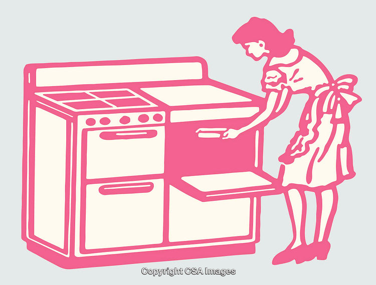 Retro Style Kitchen Illustration Featuring Homemaker Using A Vintage Stove