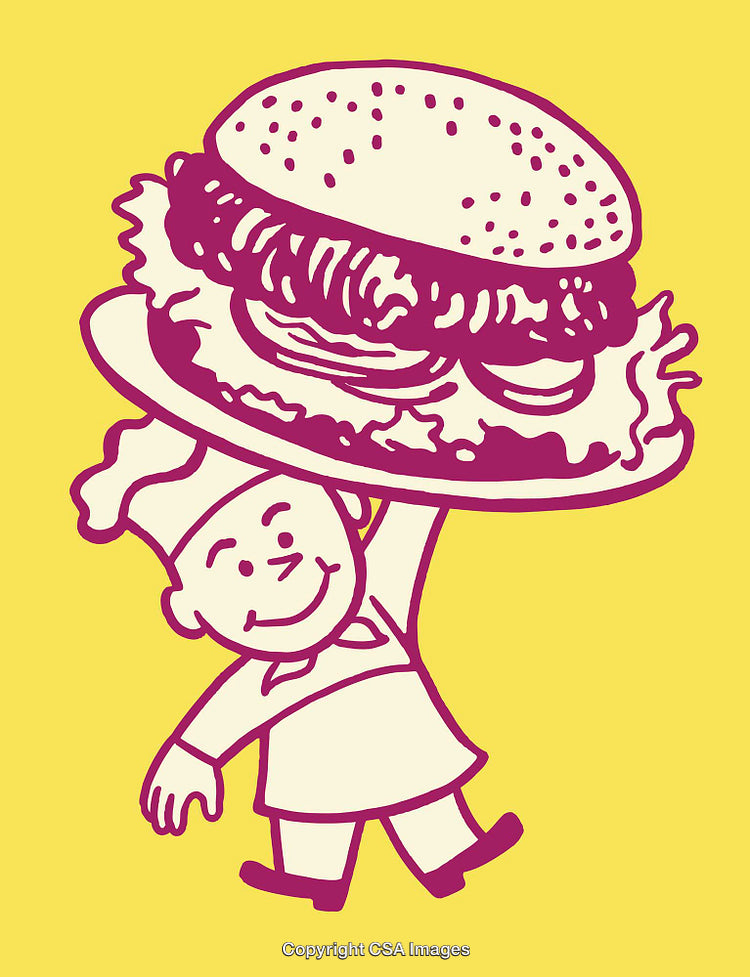 Cartoon Chef Holding a Giant Hamburger on a Yellow Background