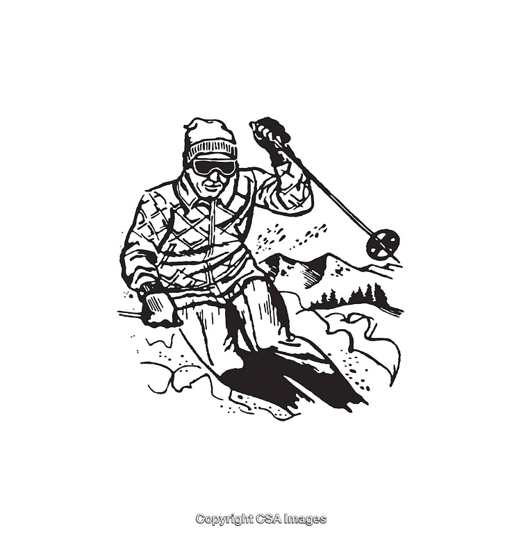 Black And White Line Art Illustration of a Skiing Adventure in the Mountains