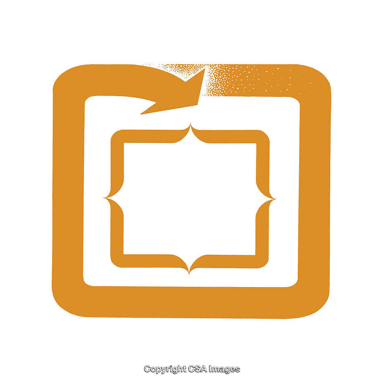 Geometric Abstract Icon Featuring an Orange Arrow and Decorative Frame