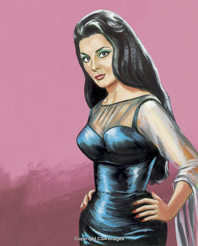 Retro Style Illustration of Glamorous Woman in Blue Dress Over Pink Background