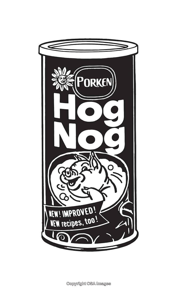 Black and White Line Art of a Canned Food Product with Hog Illustration