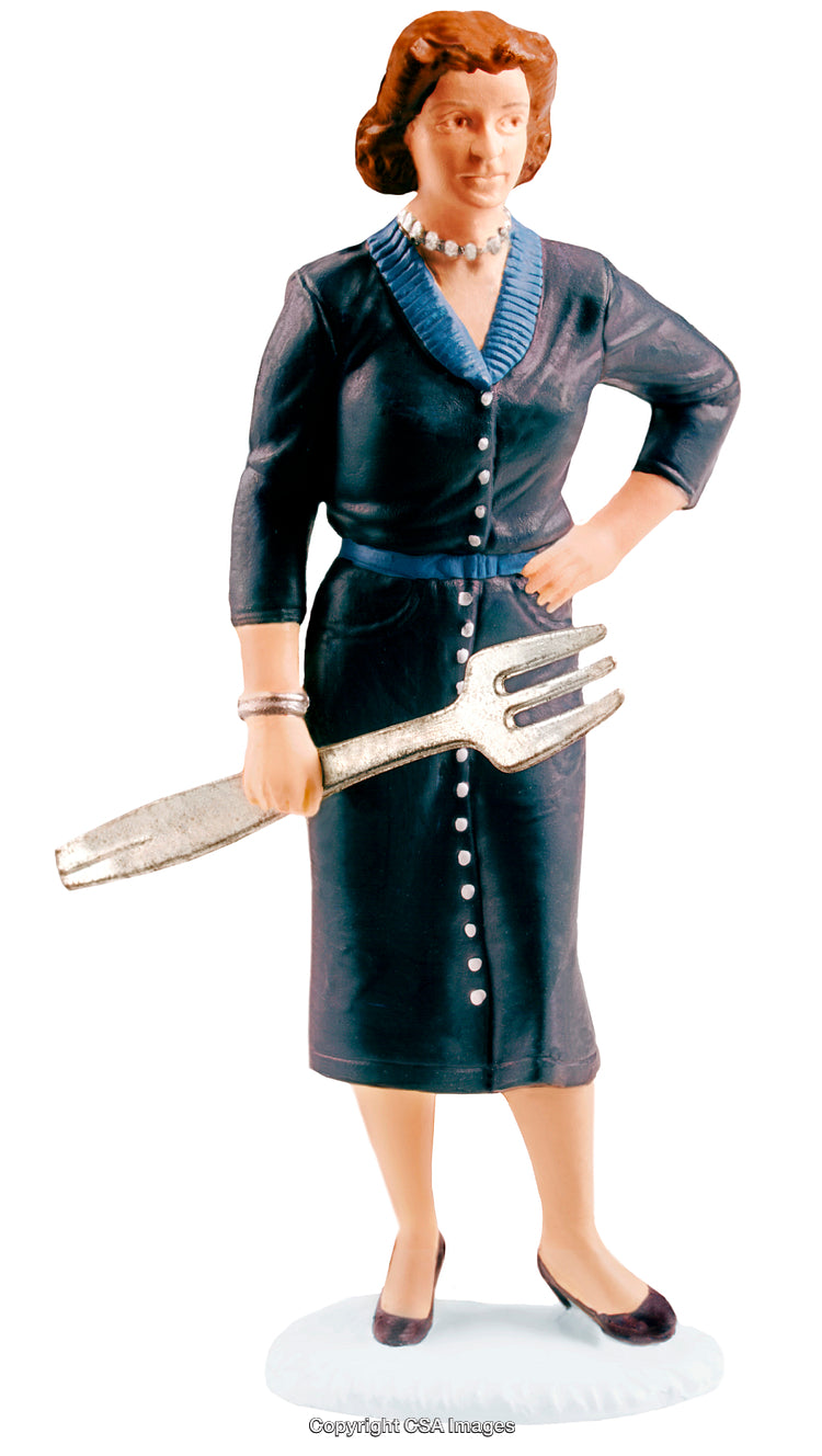 Stylized Figurine Holding Large Fork in Blue Dress with Accessories