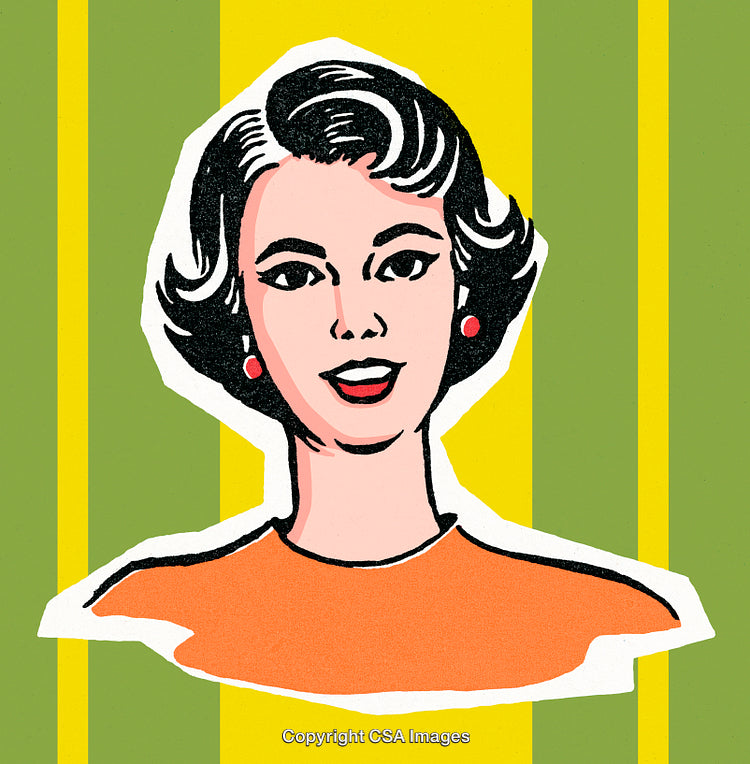Vintage Styled Portrait of Smiling Woman in Orange on Green Striped Background