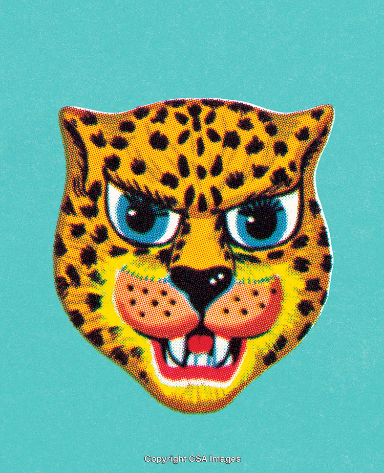 Colorful Illustrated Leopard Face Against Solid Turquoise Background