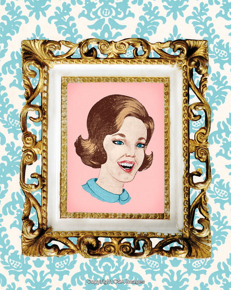 Retro Styled Portrait Illustration in Ornamental Frame Against Patterned Background