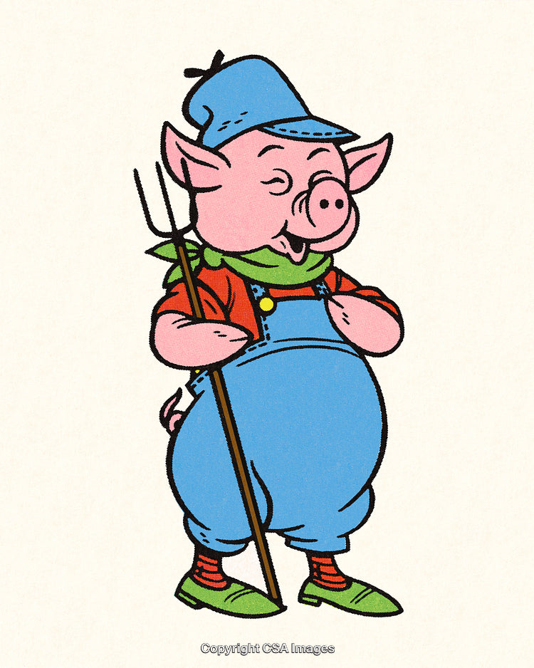 Cheerful Cartoon Pig in Farmer Outfit Holding a Pitchfork