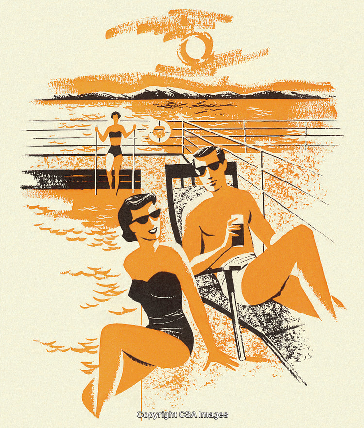 Retro Style Illustration of People Relaxing by the Waterfront During a Sunny Day