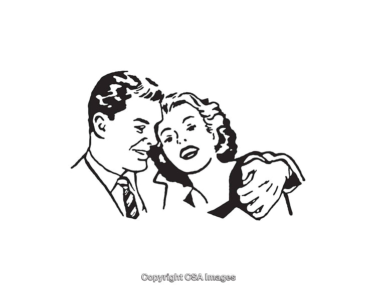 Black And White Vintage Line Art Illustration of a Happy Couple