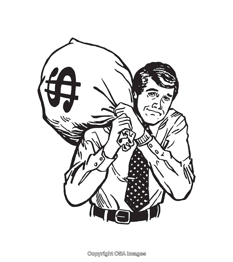 Retro Style Illustration of Man Carrying Large Money Bag Symbol