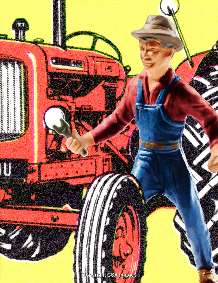 Vintage Farmer Figurine with Red Tractor in Retro Illustration Style