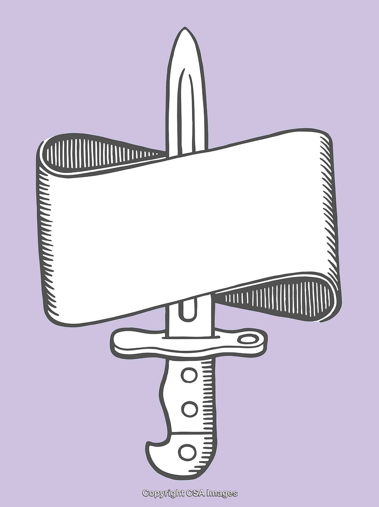 Hand-Drawn Knife with Ribbon on Purple Background