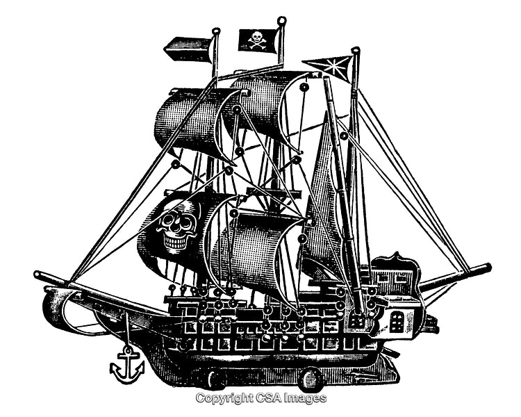 Detailed Black and White Engraving of a Pirate Ship With Skull Decor