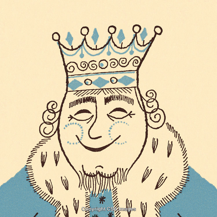 Illustration of a Joyful King Wearing a Crown in a Vintage Style