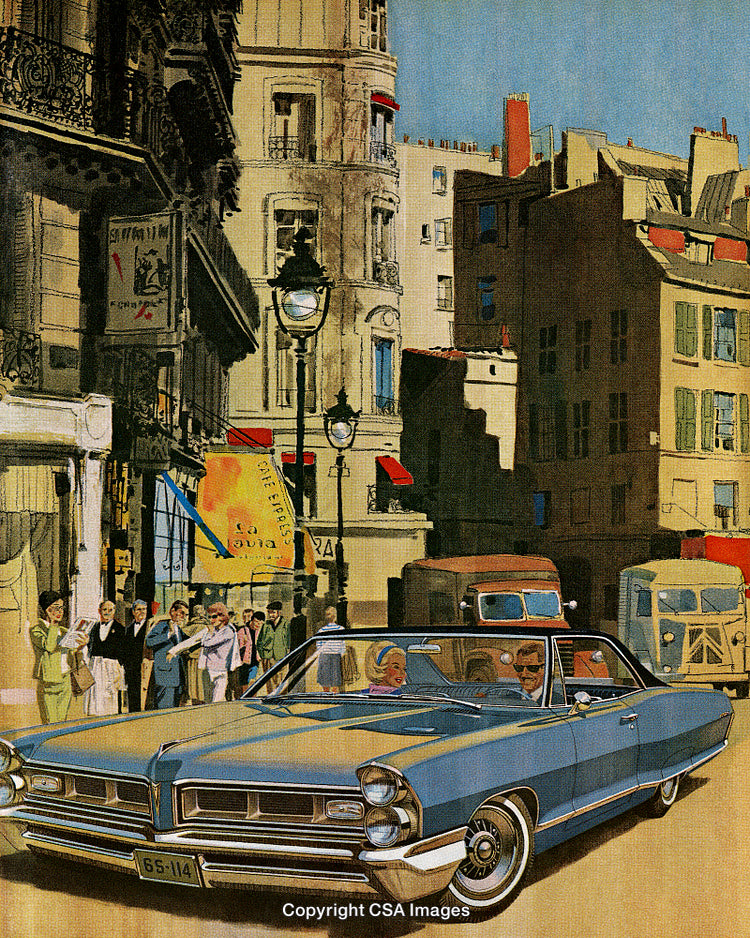 Classic Convertible on a Vibrant Urban Street in Retro Illustration Style