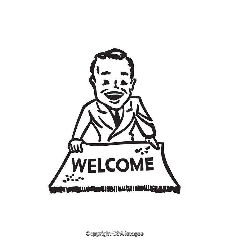 Retro Line Art Illustration of Man with a Welcome Rug