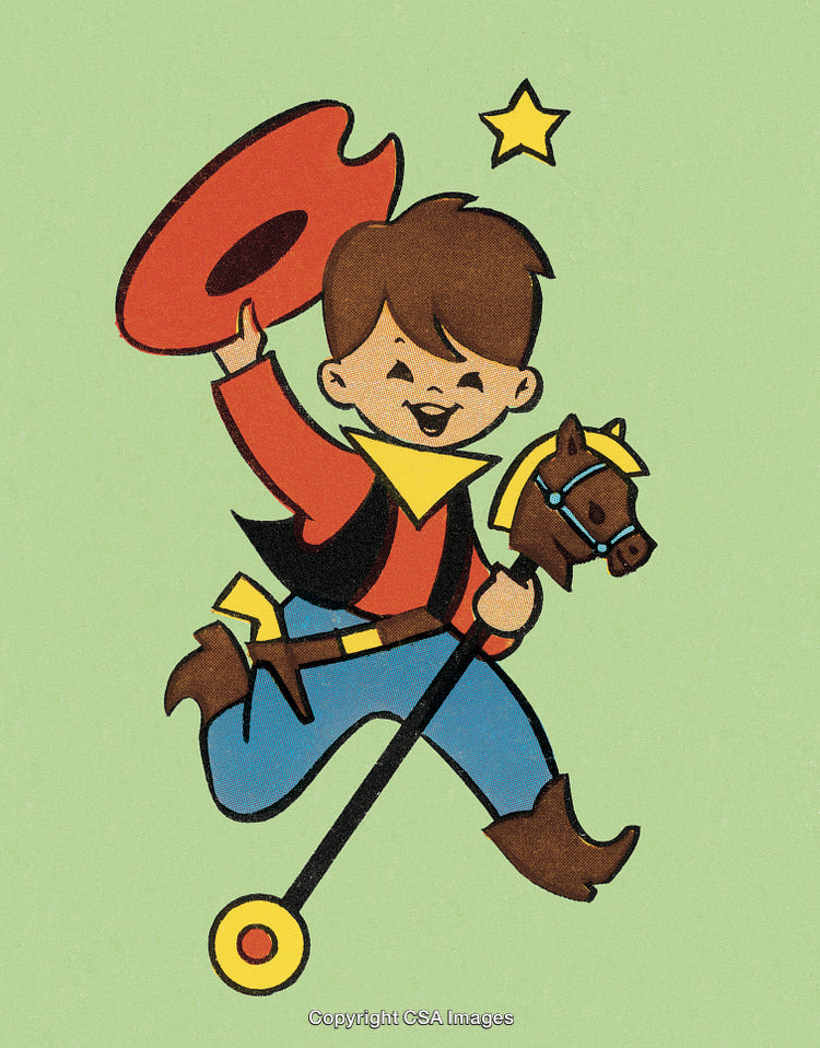 Playful Cowboy on a Stick Horse with Starry Background