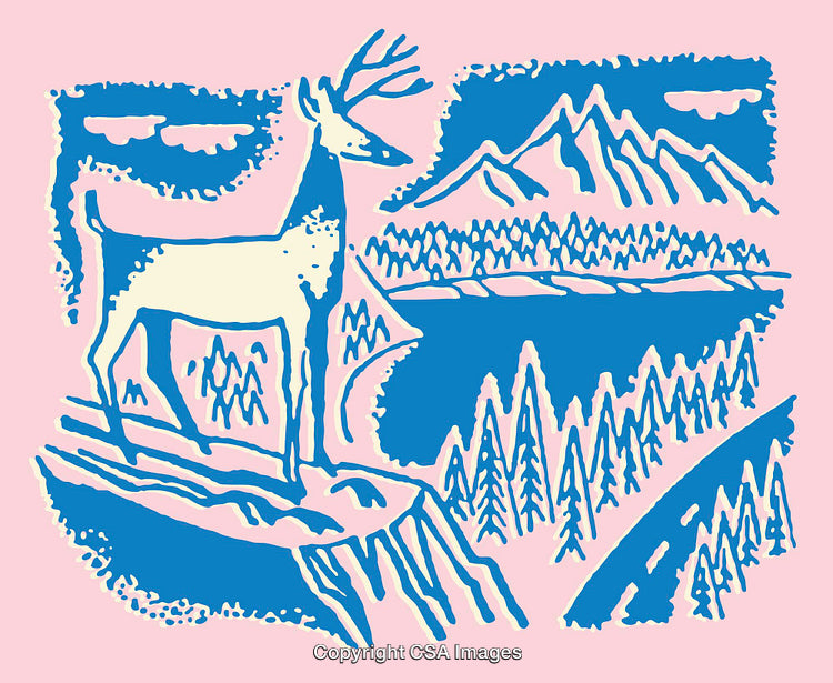 Colorful Line Art of Deer in a Mountain Landscape Scene