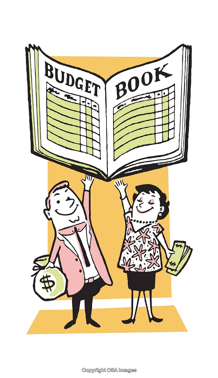 Cartoon Illustration of a Budget Book with Happy Characters Holding Money