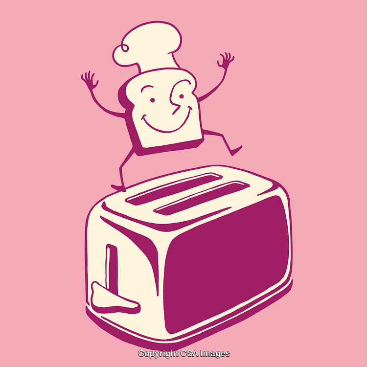 Whimsical Cartoon Illustration of Toast With Chef Hat and Toaster