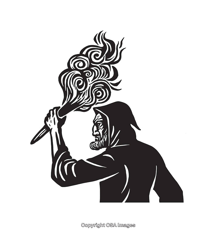 Black and White Line Art of Hooded Figure Holding Flaming Torch
