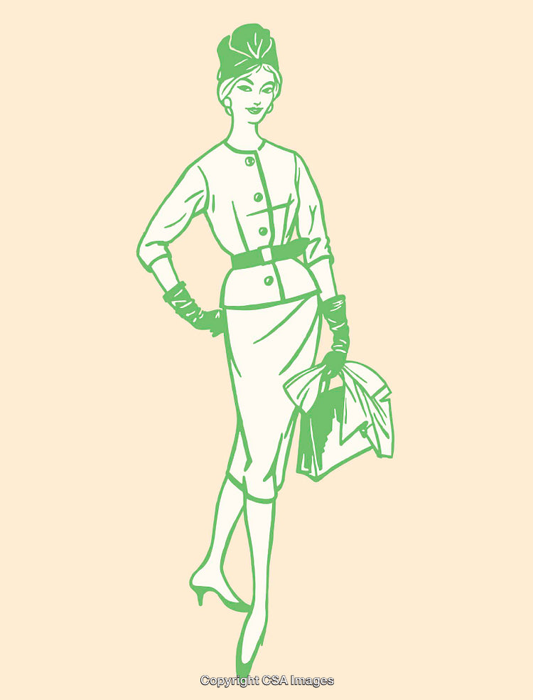 Vintage-Style Fashion Illustration of a Woman in Classic Attire with Accessories