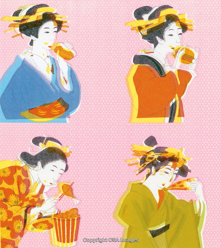 Traditional Japanese Paintings of Geisha Enjoying Modern Fast Food Items